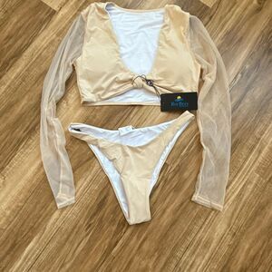 Ree Bees Swimwear Sheer Sleeve Nude Bikini Size M NWT